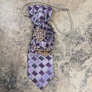 Lavender Geometric Tie-Style Necklace with Crystal & Rhinestone Brooches